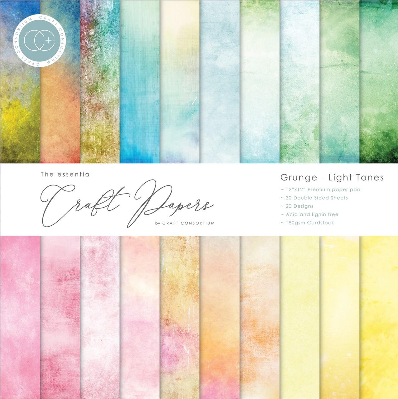 Craft Consortium Double-Sided Paper Pad 12"X12" 30/Pkg-Grunge-Light Tones, 20 Designs